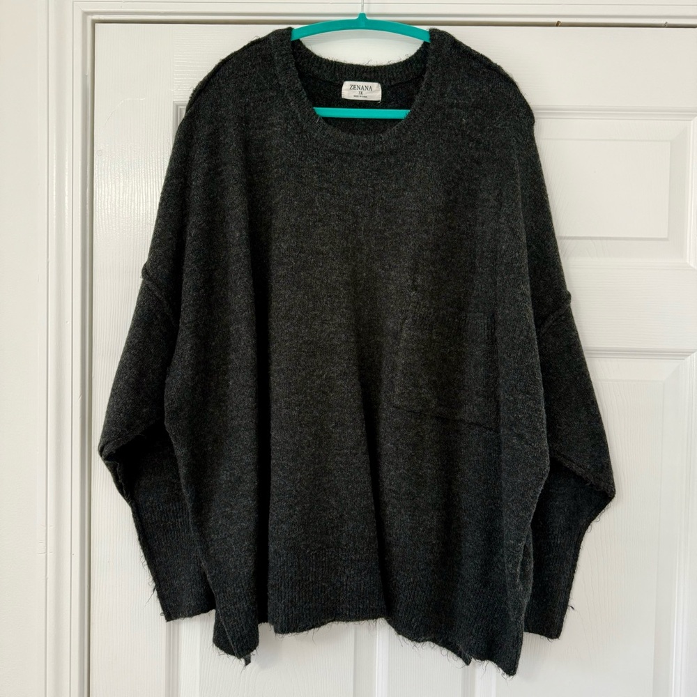 Zenana Charcoal Gray Long Sleeve Oversized Pocket Sweater from Chic Soul